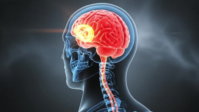 Human Brain Anatomy Medical Animation Neural Pathways Electrical Activity Glowing Synapses Nervous System Spinal Cord X-ray View