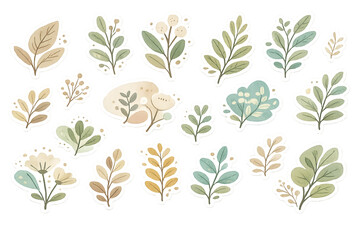 Naklejka premium Hand-Drawn Watercolor Botanical Sticker Collection: Muted Pastel Green and Brown Leaf and Floral Elements Bundle for Wedding Invitations, Scrapbooking, and Digital Planner Decoration