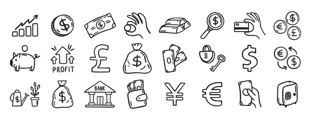 Money, finance and currency doodle set. doodle hand drawn icon set. Outline drawing dollar Banknotes, coins, money bag line clipart symbol collection