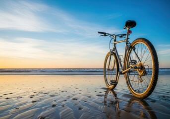 Fototapeta premium Ein robustes Fahrrad steht am sandigen Ufer, bereit für die Rückfahrt nach einem erholsamen Tag am Meer unter blauem Himmel, Weg, Küstenlinie, Landschaft
