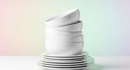 Obraz premium Essential white porcelain tableware, featuring deep bowls and dinner plates stacked neatly, emphasizing purity, simplicity, and design, classic, design, dining