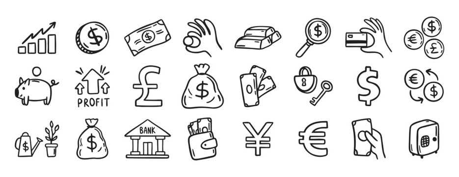 Money, finance and currency doodle set. doodle hand drawn icon set. Outline drawing dollar Banknotes, coins, money bag line clipart symbol collection
