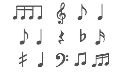 A collection of various musical notes and symbols on a white background