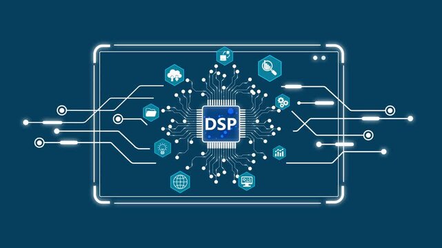 Digital Signal Processing Concept with D S P Chip and Circuitry on Dark Blue Background microchip technology