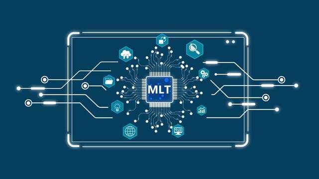 Machine Learning Technology M L T Concept with Circuit Board and on Dark Blue Background artificial intelligence