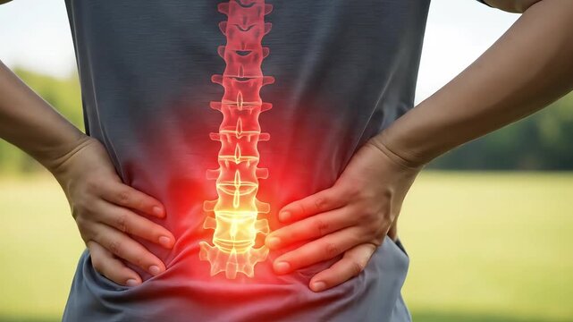 Man experiencing lower back pain with glowing red spine visualization medical concept