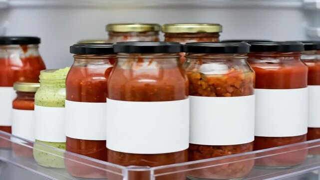 Neatly arranged jars of sauce and condiments in a refrigerator: closeup pan sequence