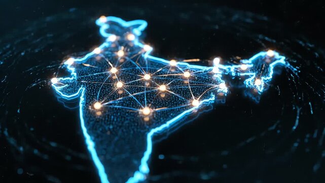 A glowing blue digital illustration of the India map with connected nodes and lines on a dark background. Perfect for technology, geography, and educational materials.