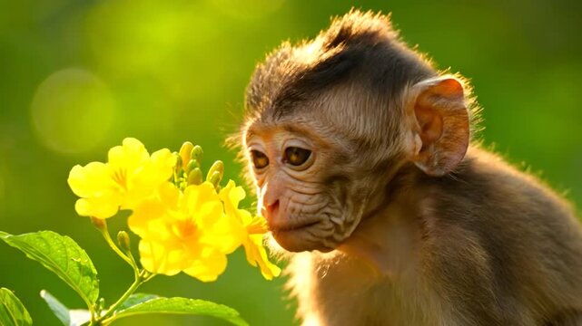 Curious Baby Monkey Smelling Yellow Flowers in Lush Green Sunlight