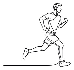 Line art illustration of a man depicting running with headphones for fitness