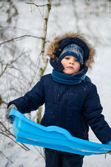 Little boy enjoying winter outdoor fun while sledding in snowy forest. Active childhood, seasonal outdoor recreation, winter adventure, family leisure and healthy lifestyle concept