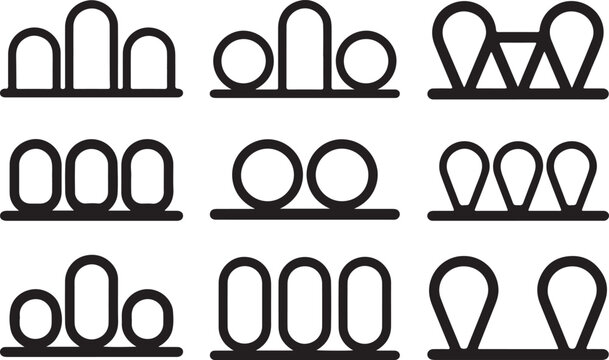 Collection of black and white illustrations of various roller coaster track designs