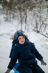 Little boy enjoying winter outdoor fun while sledding in snowy forest. Active childhood, seasonal outdoor recreation, winter adventure, family leisure and healthy lifestyle concept