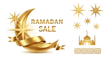 Golden Ramadan Sale Crescent Ribbon Design