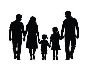 Family walking together vector silhouette illustration design set collection, family walking silhouette, family walking together vector, parents and children silhouette, happy family stroll 