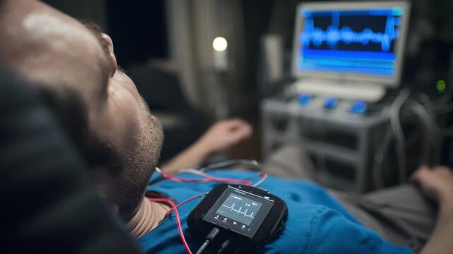Medium shot of person seated wearing a biofeedback device heart rate monitor visible in sharp focus with blurred background equipment.
