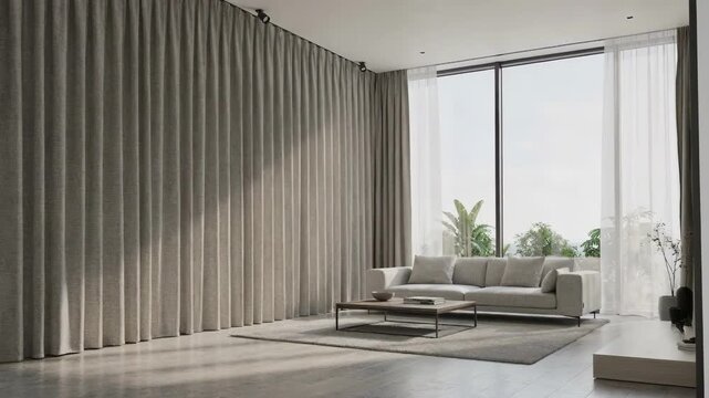 Medium shot of pinch pleat customlength curtains elegantly hung in a spacious modern living room with oversized windows and natural light.