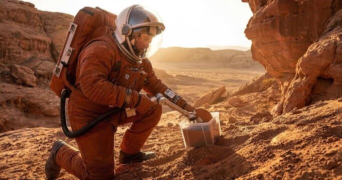 Astronaut in exploration suit examines soil sample on rocky terrain