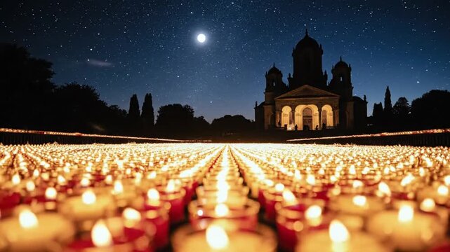 Thousands of Candles Illuminate Night Sky with Moon and Stars Above Grand Building