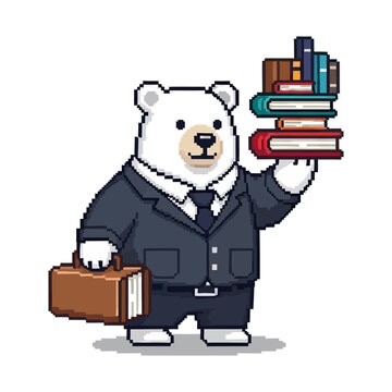 Polar bear in suit carrying briefcase and stack of books.