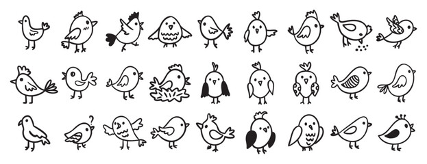 Fototapeta premium cute birds forest animal characters doodle hand drawn icon set. Outline drawing birds line clipart symbol collection