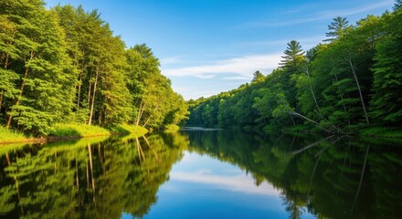Obraz premium A wide, winding river flows slowly through a lush, dense forest, reflecting the towering green trees and clear blue sky overhead, spring, daytime, scenic