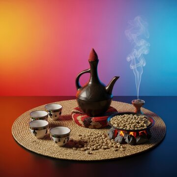 A vibrant cultural display showing the traditional clay coffee pot called a jebena, roasting green beans, small cups, and smoke rising from incense, gathering, incense, Traditional