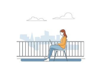 Obraz premium Woman working on laptop computer outdoors on balcony overlooking distant city skyline and cloudy sky during daytime minimal style