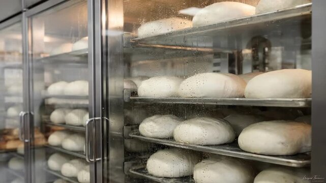 Medium shot of dough trays rising inside glassdoor proofing cabinets highlighting the clear view of fermentation process in a hygienic bakery environment.