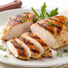 Angled Close-Up of Grilled Chicken Breast Portions on Dish, Wide Composition on white background