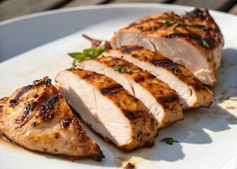 Angled Close-Up of Grilled Chicken Breast Portions on Dish, Wide Composition on white background