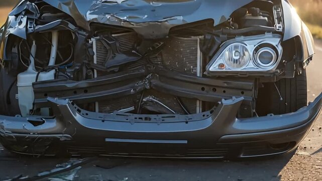 Severely Damaged Car Front End on Roadside After Accident Twisted Metal Broken Windshield Evening Light