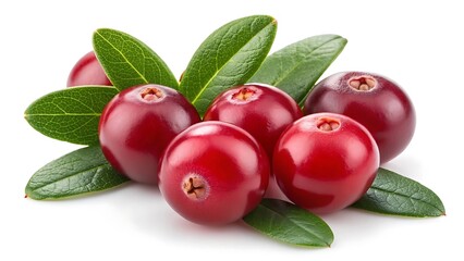 Angled Close-Up of Ripe Cranberries with Green Leaves on Clean Background, Wide Ratio on white background