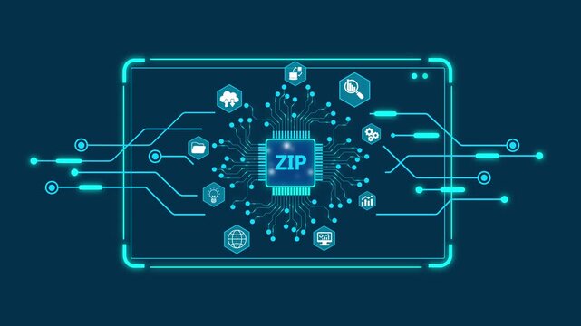 Z I P file concept with circuit board and representing digital data compression and transfer zip file