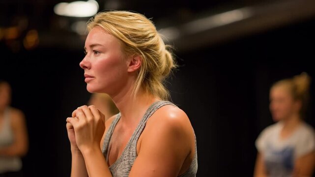 Medium shot of a focused acting student deeply rehearsing a method acting scene on a dimly lit blackbox stage with blurred classmates in the background.