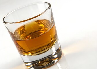 Close-Up Angled View of a Glass Shot Filled with Golden Whiskey, Vertical Composition on white background