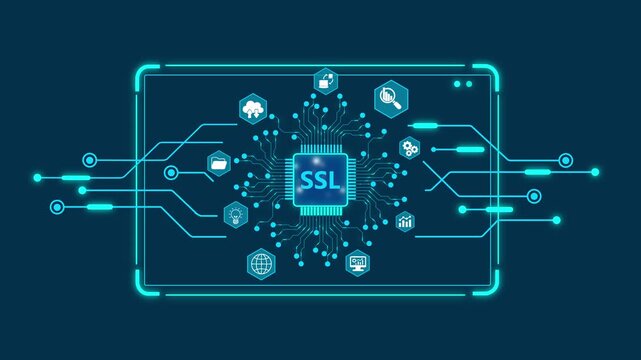 S L Secure Sockets Layer cybersecurity concept with glowing blue circuit board and representing secure online transactions and data protection
