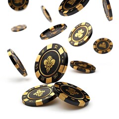 Dynamic Side View of Luxury Black and Gold Casino Chips Floating in Motion, Wide Ratio on white background