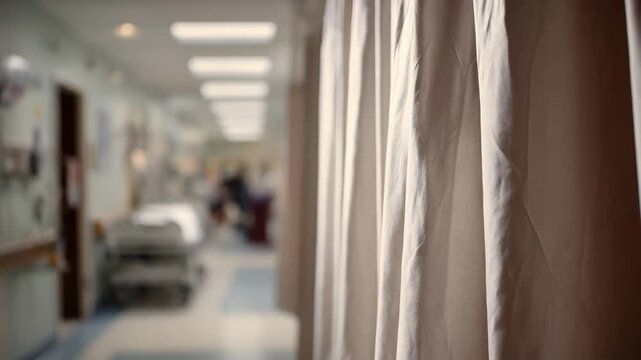 Medium shot of a curtained triage bay with a paramedic assessing patient vitals main subject sharply focused while surrounding hospital corridor is blurred.