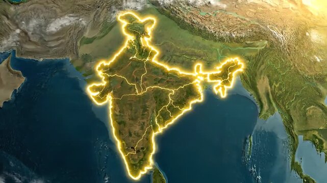 A map of India with its outline highlighted in yellow, set against a satellite view of the region with surrounding countries and ocean visible. Perfect for geography presentations,