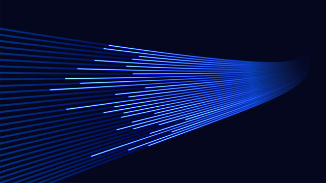 Futuristic abstract background featuring multiple glowing blue light streaks moving at high speed across a dark background. Dynamic lines represent data transmission and fiber optic technology.