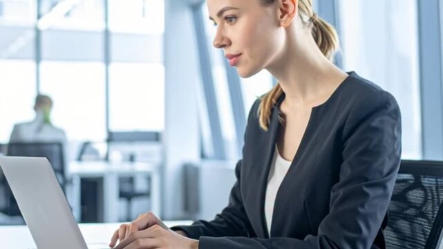 Junge h&uuml;bsche B&uuml;rodame arbeitet am Laptop im modernen B&uuml;ro