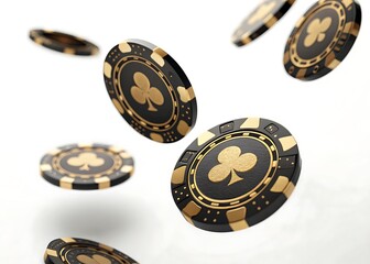 Isometric Perspective of Premium Black and Gold Casino Chips in Mid-Air, Square Format on white background