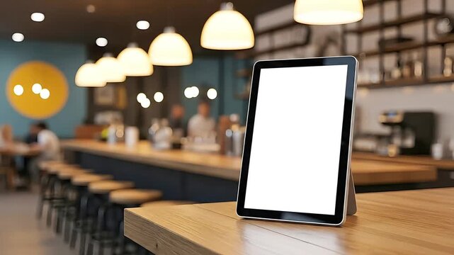 Tablet display on a wooden counter in a modern cafe with blurred background patrons and ambient lighting