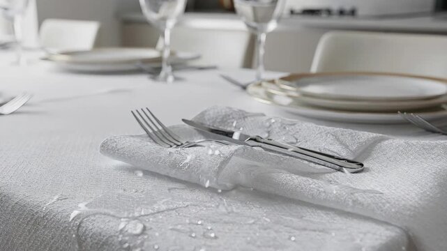 Closeup medium shot of a neatly set dining table featuring stainresistant nanocoated linens that repel spills with visible water beading on fabric surfaces.