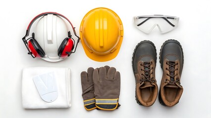 Top-Down Flat Lay of Construction Safety Gear with Hard Hat, Boots, and Goggles, Square Format on white background