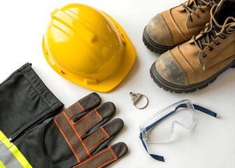 Top-Down Flat Lay of Construction Safety Gear with Hard Hat, Boots, and Goggles, Square Format on white background