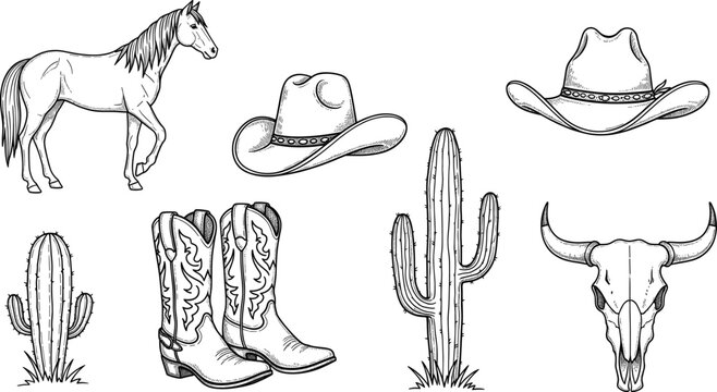 Wild West Hand Drawn Illustration Set with Horse, Cowboy Hats, Western Boots, Cactus, and Bull Skull Line Art Icons