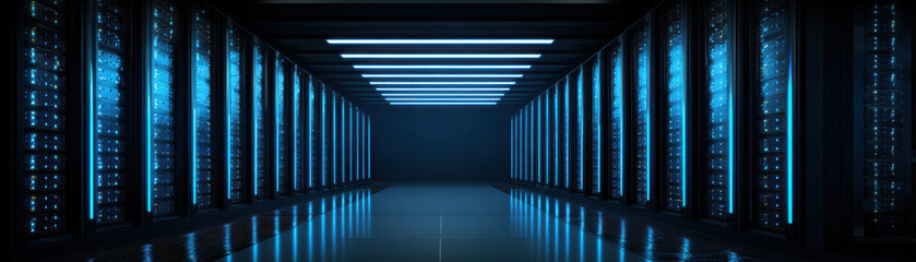 Obraz premium Digital data center with server racks glowing blue represents advanced technology and digital literacy in modern computing environments