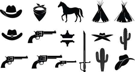 Wild West Silhouette Icon Set with Cowboy Hats, Horses, Guns, Sheriff Badge, Teepees, Cactus, and Western Symbols © Priyanka